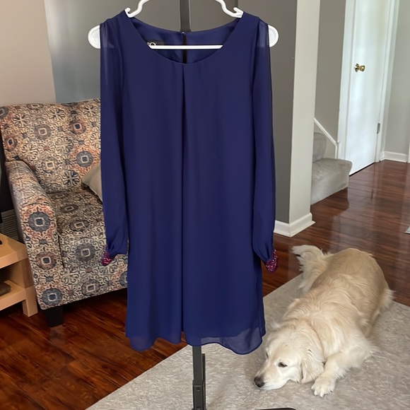 BCX Navy Blue dress with open arm sleeves and beading on cuffs. Size small. - Picture 4 of 8